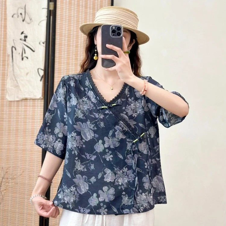 中国风复古盘扣棉麻印花衬衫女夏季斜襟茶服V领小衫显瘦亚麻上衣
