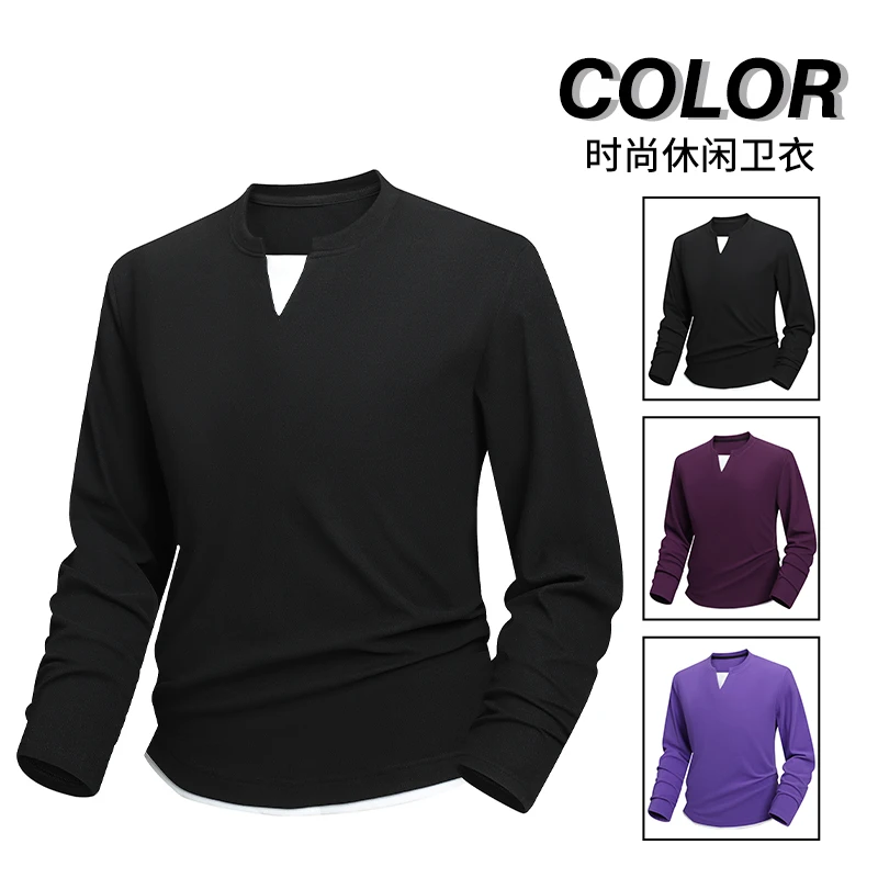 400斤长袖V领基础大众薄款修身型T恤时尚上衣秋冬纯色休闲卫衣男