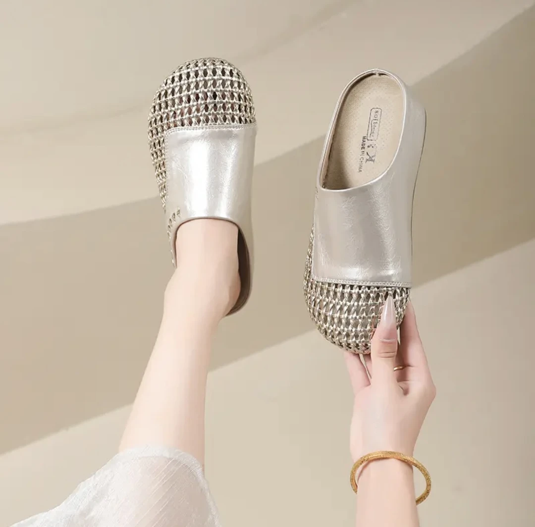 百搭平跟舒适包头拖镂空韩系软底平底时尚坡跟编织日常包头少女风