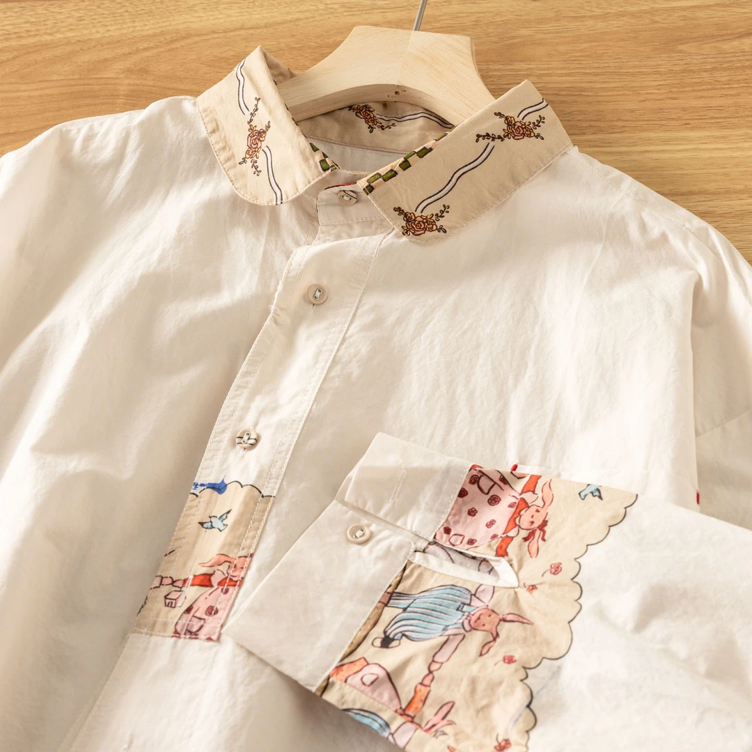 卡通兔子定位印花长袖衬衫女2025秋季新款韩版宽松休闲单排扣上衣