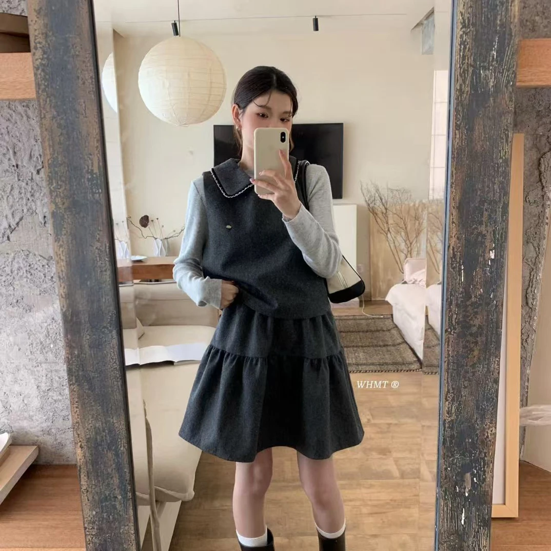 C/1223 （50羊毛）格雷系女主～甜美毛呢马甲+短裙套装 （裙长48）