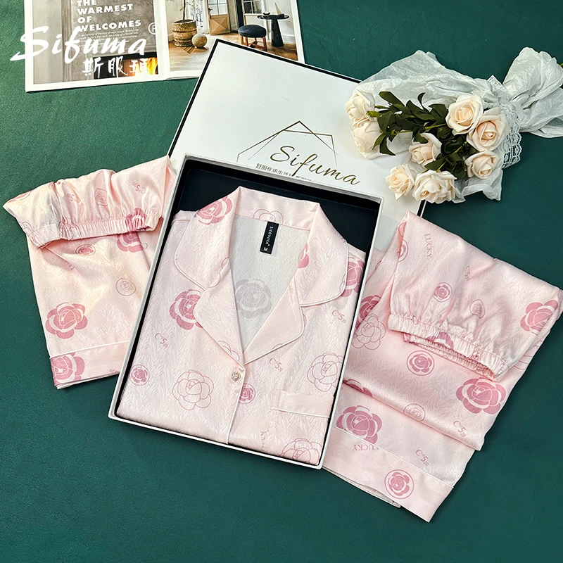 Sifuma/斯服玛《粉山茶》春秋丝质短袖三件套装睡衣家居服女
