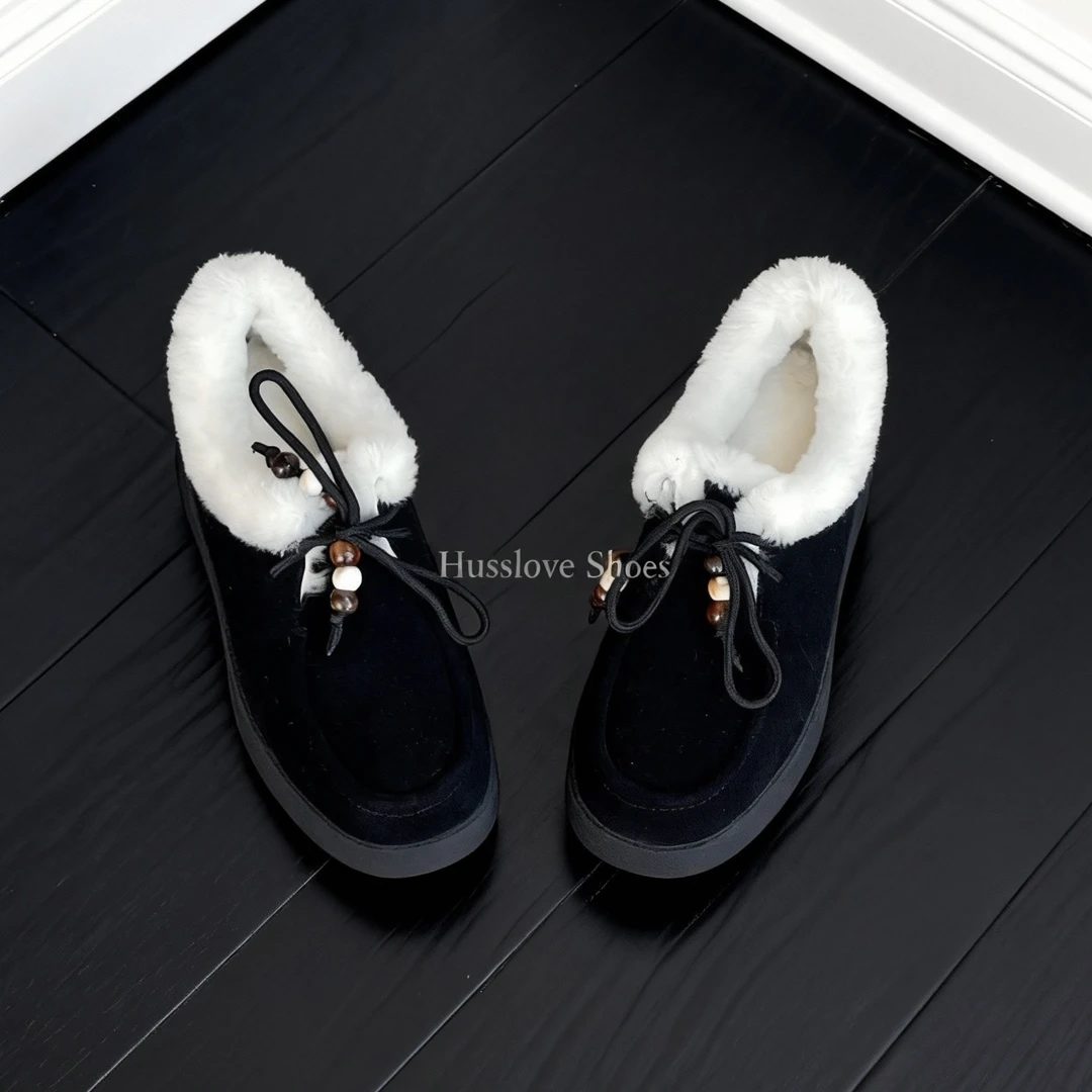 HUSSLOVE 牛反绒·跟高3CM·复古百搭加厚羊羔毛串珠系带乐福鞋女