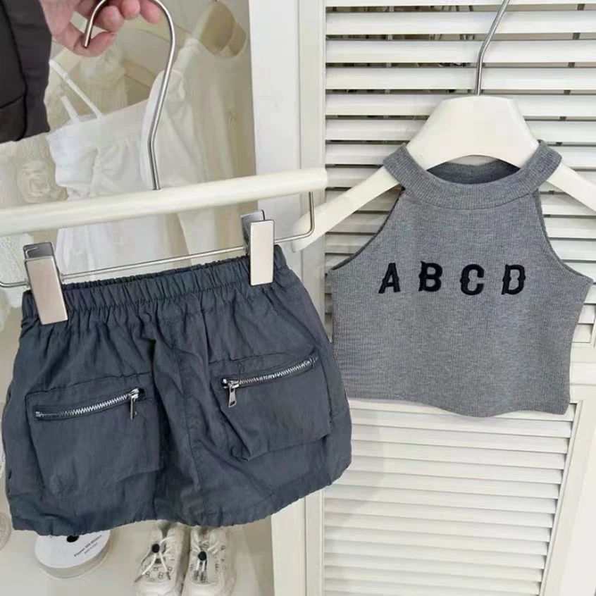 2025夏季新款韩系女宝无袖挂脖字母背心短裤运动套装
