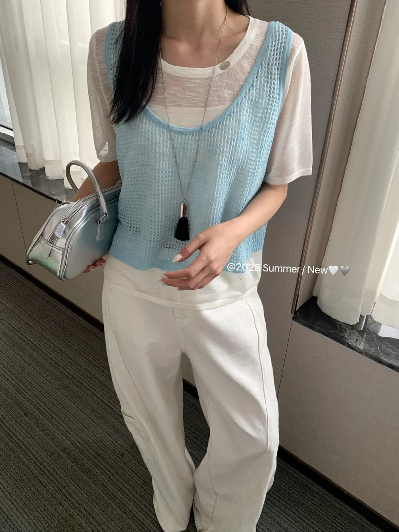 休闲镂空韩版假两件百搭常规款夏季宽松型不起球设计感上衣针织衫