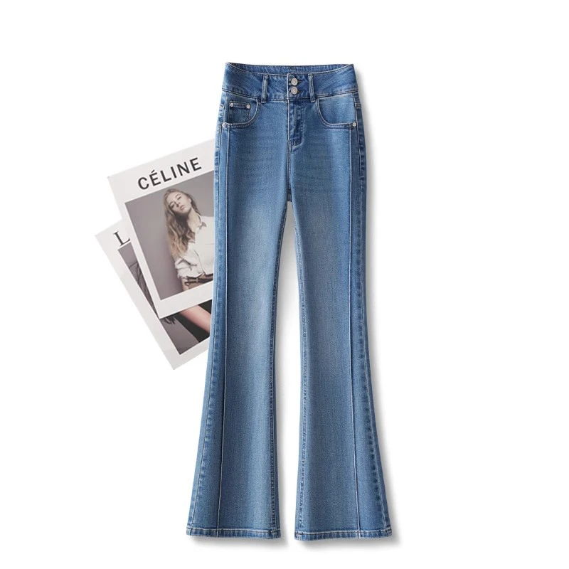 拉夏贝尔蓝色牛仔喇叭裤女2025秋季新款设计感减龄百搭通勤休闲裤