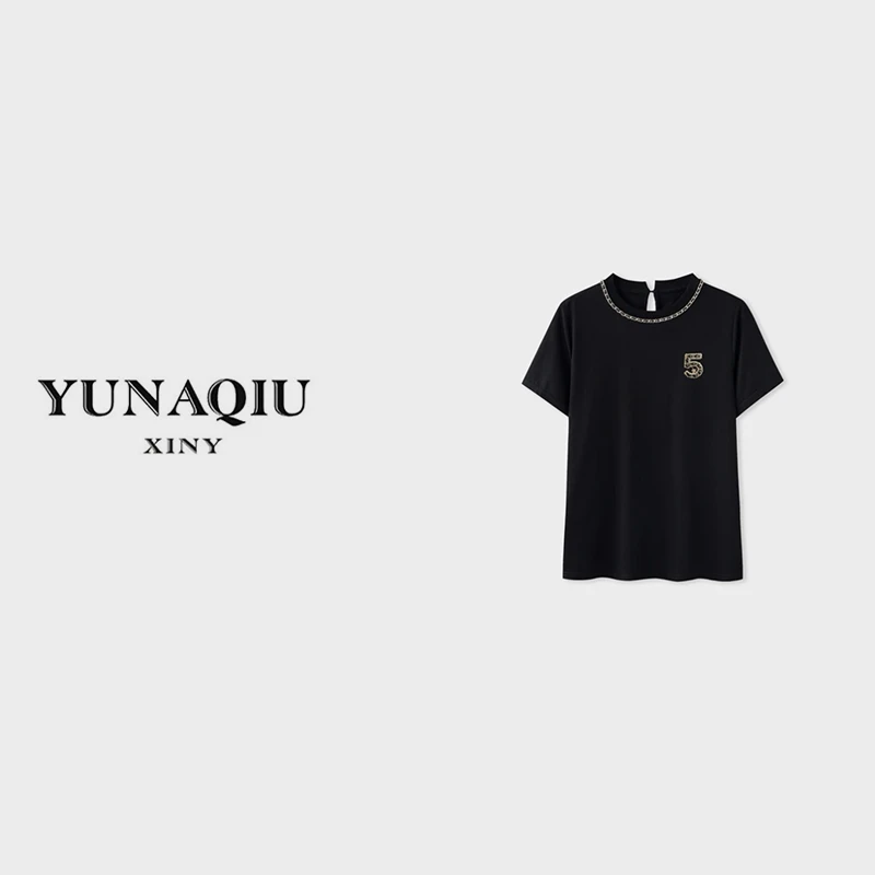 YUNAQIU-时尚设计师夏季百搭休闲圆领潮流个性短袖T恤-8605