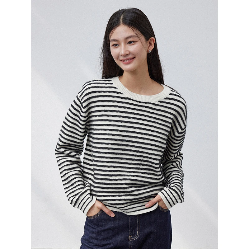 清仓【温柔触感】慵懒风条纹毛衣百搭圆领套头小个子针织衫2856