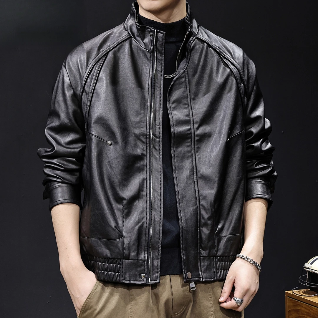 美式潮牌立领皮衣男2025秋冬新款高端宽松大码休闲机车风夹克外套