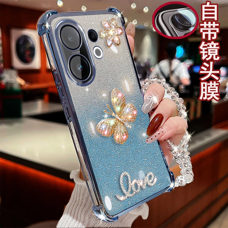 适用vivo s30手机壳闪粉彩蝶四角气囊防摔保护套网红奢华全包边