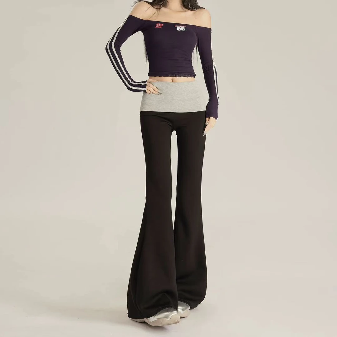 春季双色拼接微喇叭裤女2025年新款高腰修身显瘦马蹄裤