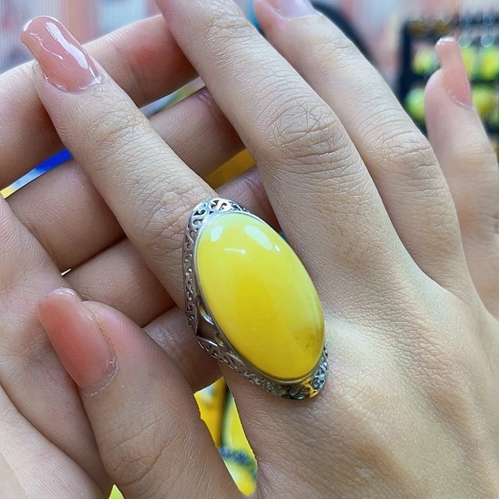 蜜蜡银S925镶嵌裸石戒指