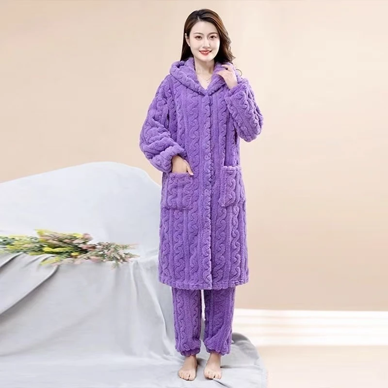 2023秋冬季大码加绒加厚保暖连帽情侣睡衣家居服《送裤子》