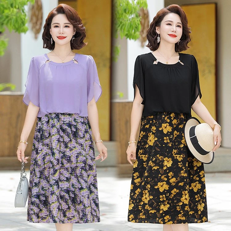 夏季新款洋气妈妈装假两件短袖连衣裙中年女时尚减龄显瘦遮肉裙子