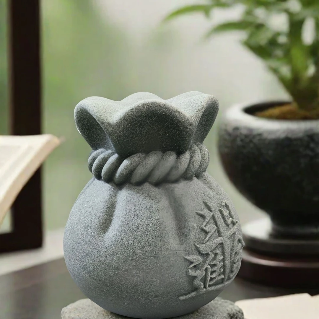 青砂石福袋钱袋子茶桌茶宠鱼缸造景假山流水装饰转运招财摆件
