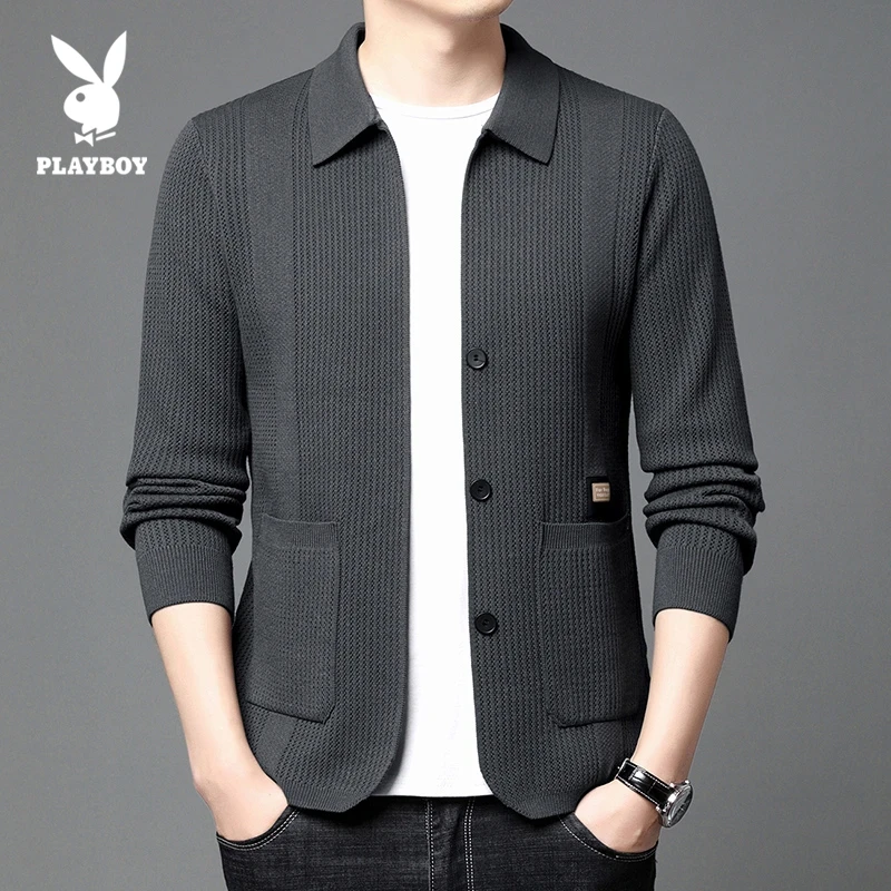 花花公子春秋新款开衫毛衣男士时尚休闲简约纯色翻领针织衫外套男