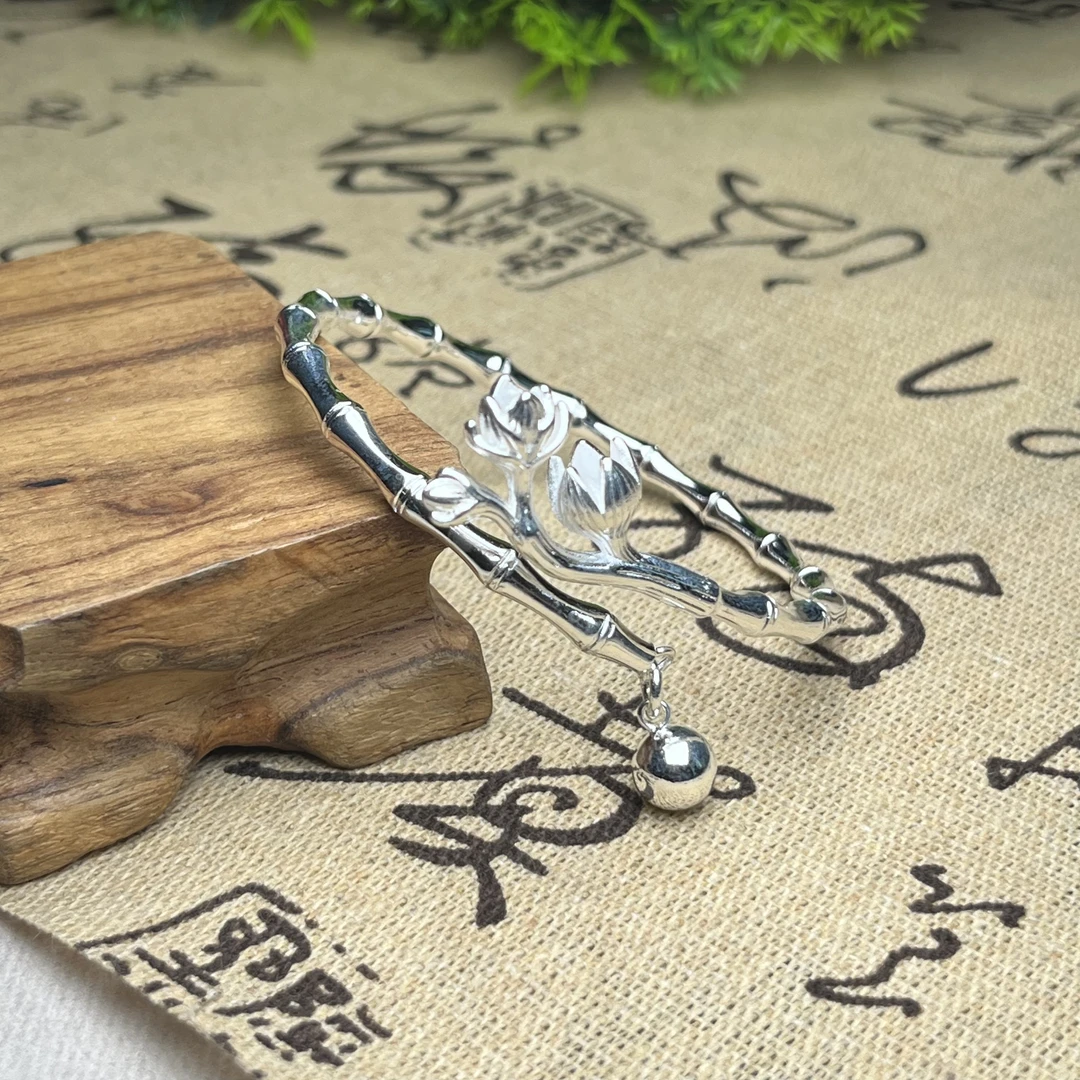 足银手镯 A17足银手镯银9999手镯梅花疏影竹节铃铛实心银手镯女款
