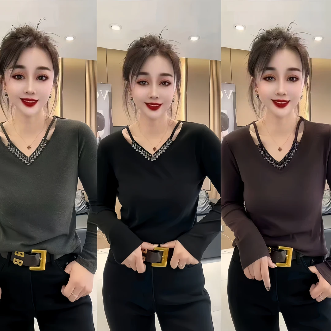 长袖加绒加厚款套头款宽松型V领重工钉钻绒衫洋气打底时尚上衣