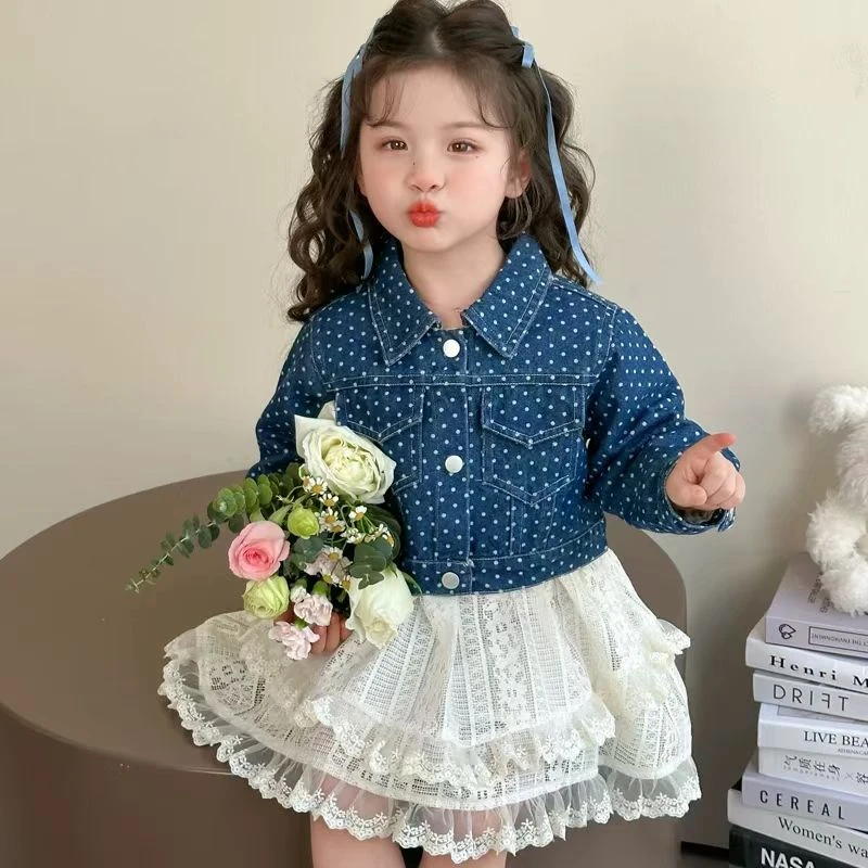 女童春季套装2025新款宝宝春秋洋气休闲波点牛仔上衣套装裙两件套
