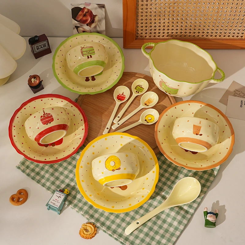 14件套【茶语甜心】奶油风陶瓷釉下彩米饭碗圆盘深盘汤碗套装创意