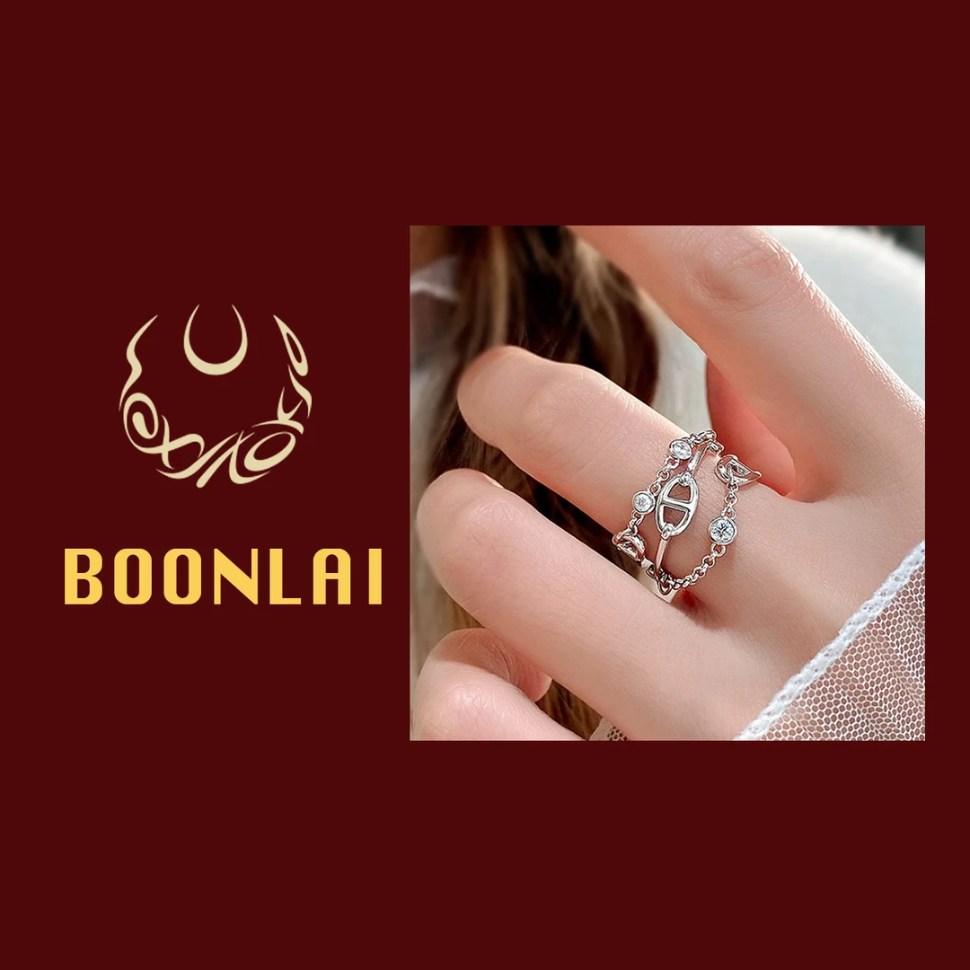 铜合金莫桑石戒指 Boonlai 精致简约多层设计感银色镂空链条戒指