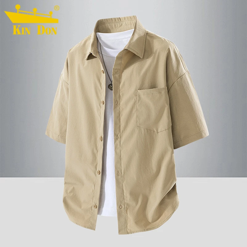 青年男士衬衫纯色宽松休闲衬衣潮流百搭简约五分袖开衫日系短袖