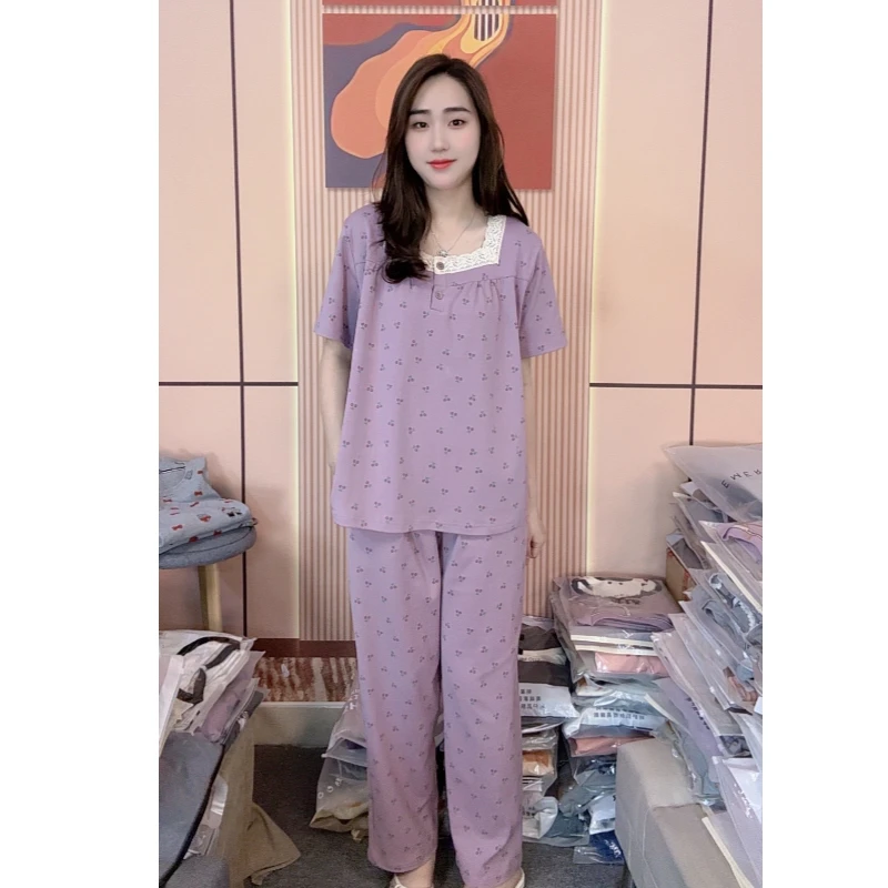 睡衣女夏季新款纯棉短袖长袖长裤休闲可外穿家居服套装（方领碎花）