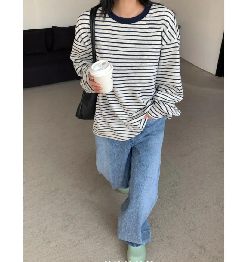 杨杨 DH-时尚圆领宽松百搭条纹长袖T恤23088