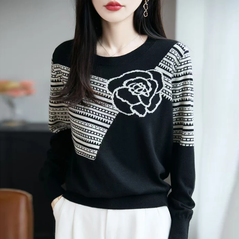 圆领羊毛针织衫女士毛衣2025秋季新款提花洋气显瘦减龄百搭打底衫