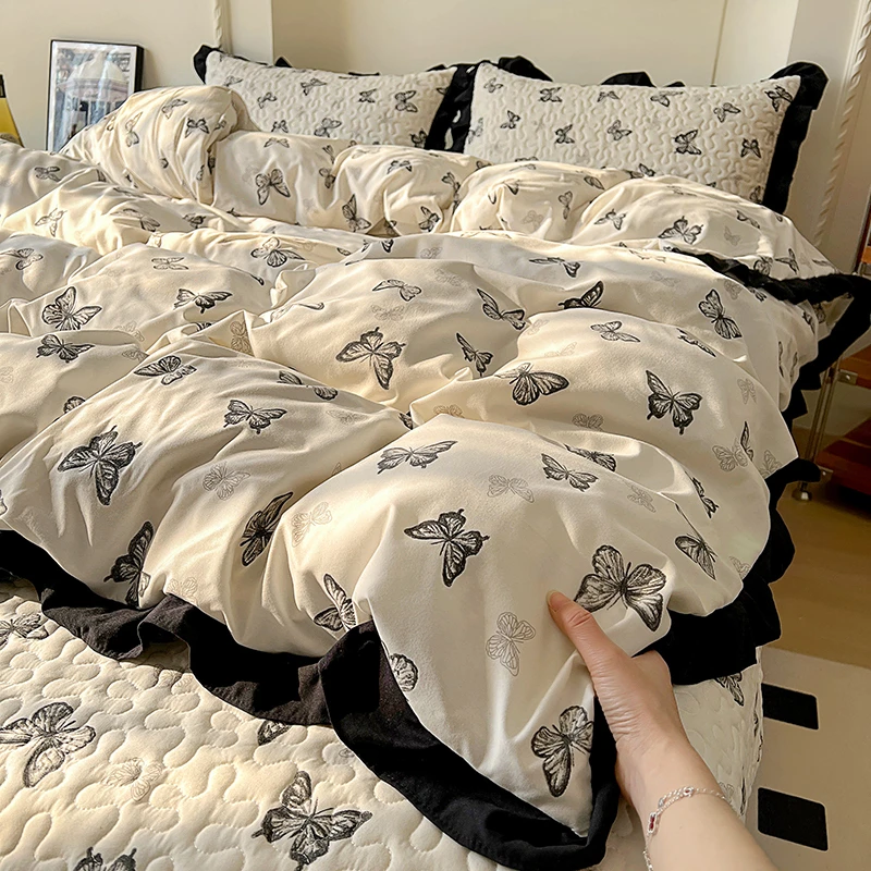 法式赫本风水洗棉床盖款四件套加厚小清新蝴蝶结绗缝花边四季款