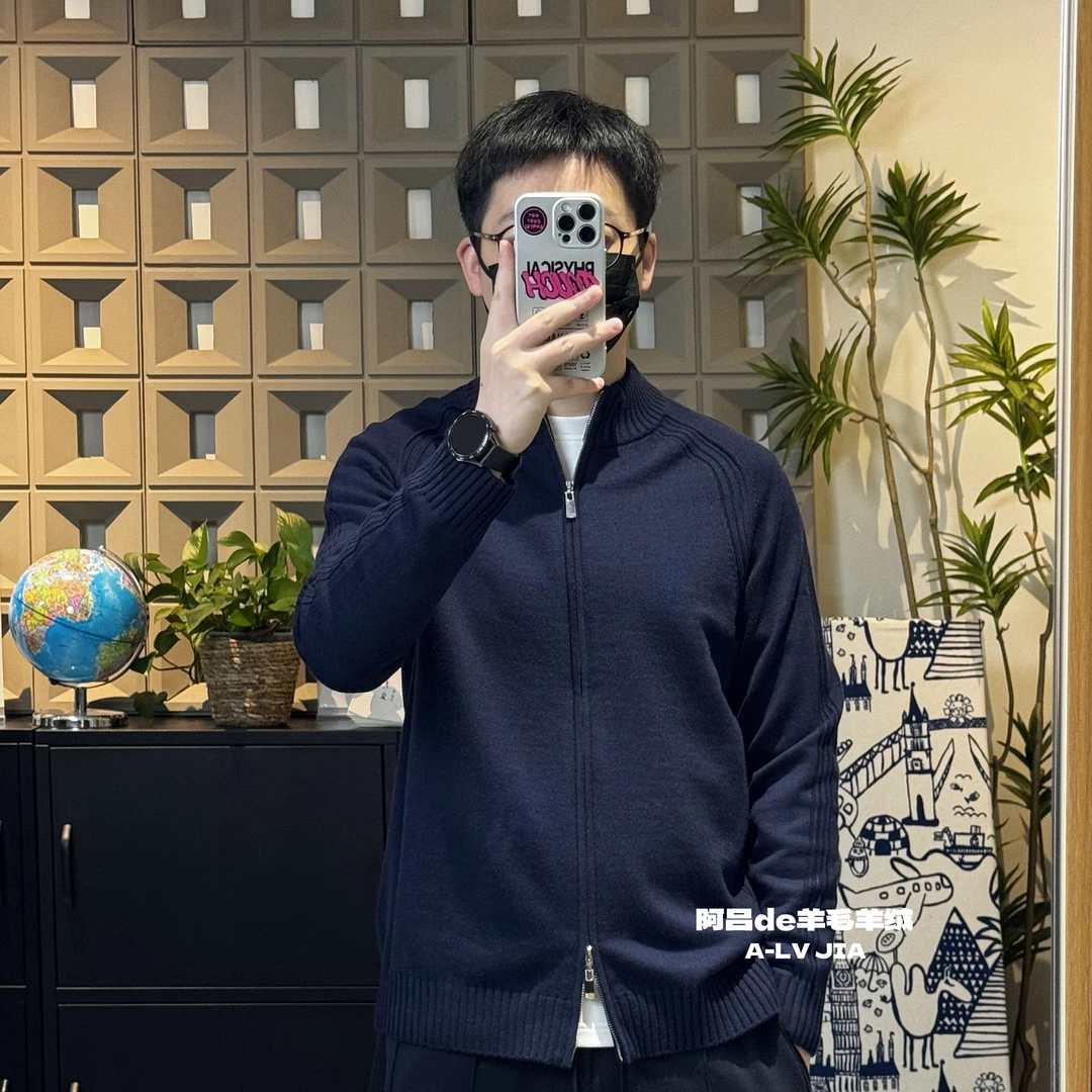 《ALV-羊毛混纺系列》休闲立领双向拉链开衫马鞍肩宽松型男款春款