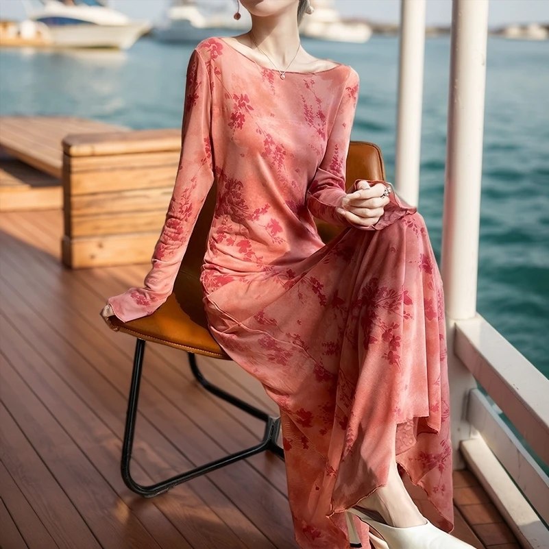 梦幻中国风复古网纱植绒显瘦港风长袖连衣裙夏季高冷御姐气质裙子