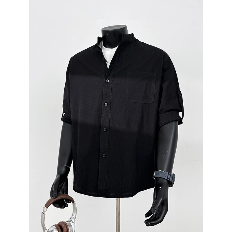 2025年夏季新款男设计感小众七分衬衫立领潮流百搭小众设计感短袖