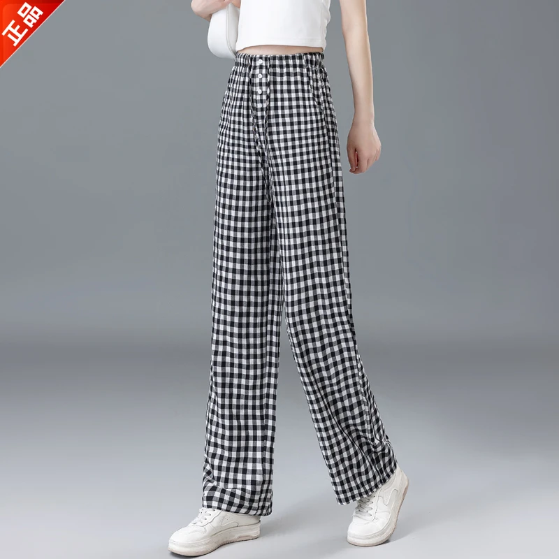 正品2025夏季新款薄款亚麻时尚格子窄版阔腿裤女直筒休闲裤子爆款