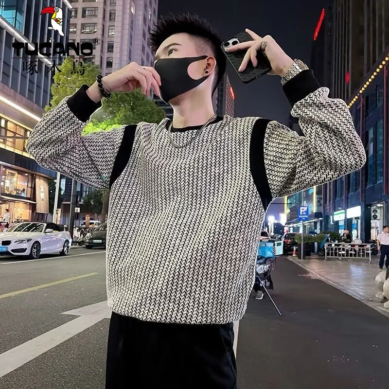 秋季新品肌理感撞色休闲圆领卫衣男上衣社会小伙长袖男装男