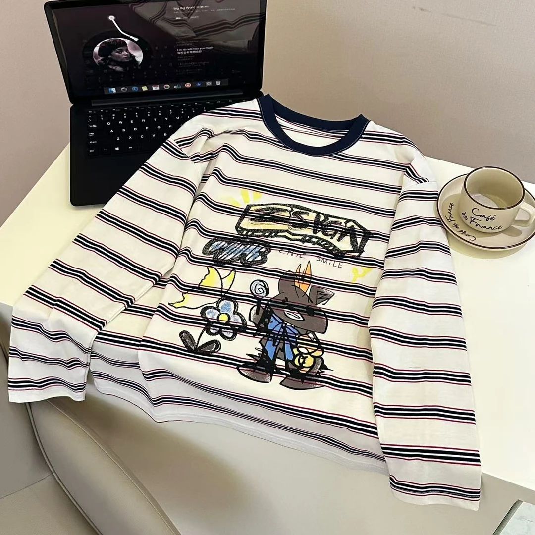 春夏条纹T恤时尚休闲百搭宽松打底长袖