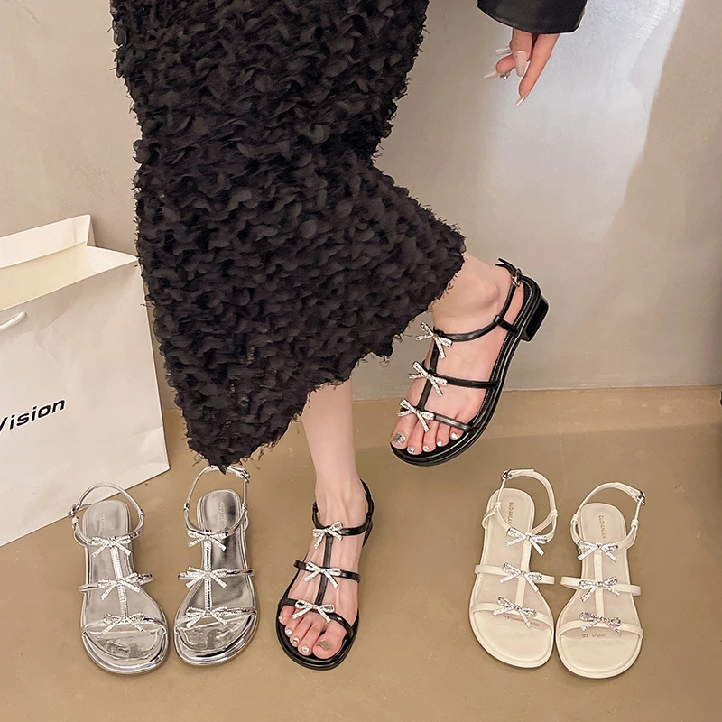 仙女风蝴蝶结3cm水钻露趾凉鞋女2025夏季新款厚底配裙子法式凉鞋