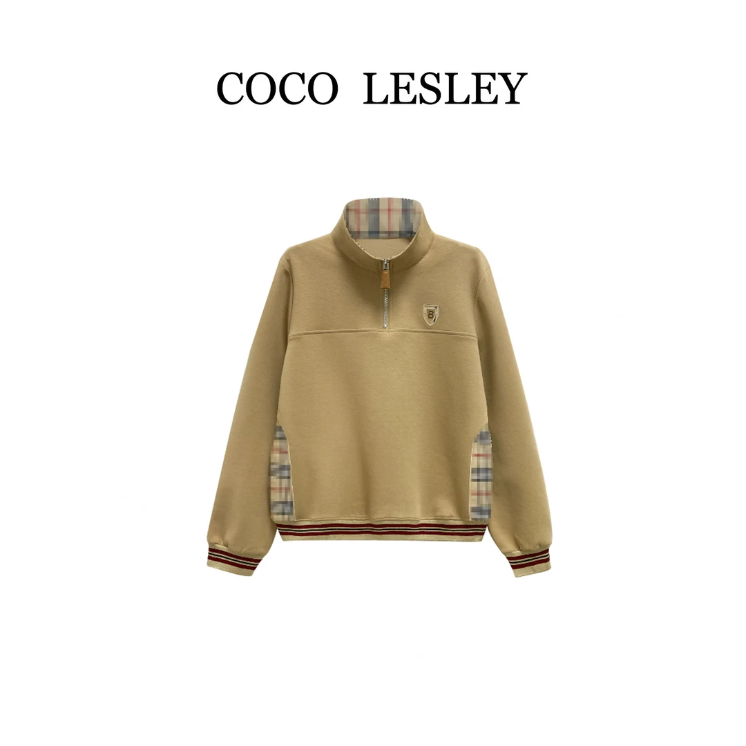 【COCO LESLEY】68289时尚百搭格子拼接卫衣2025秋冬潮流个性上衣