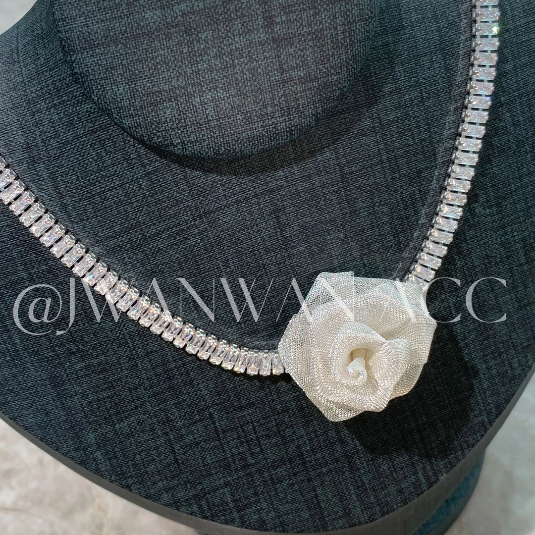 铜合金锆石项链 法式美人.白色编织感镭射花朵闪钻项链08MY4075LY
