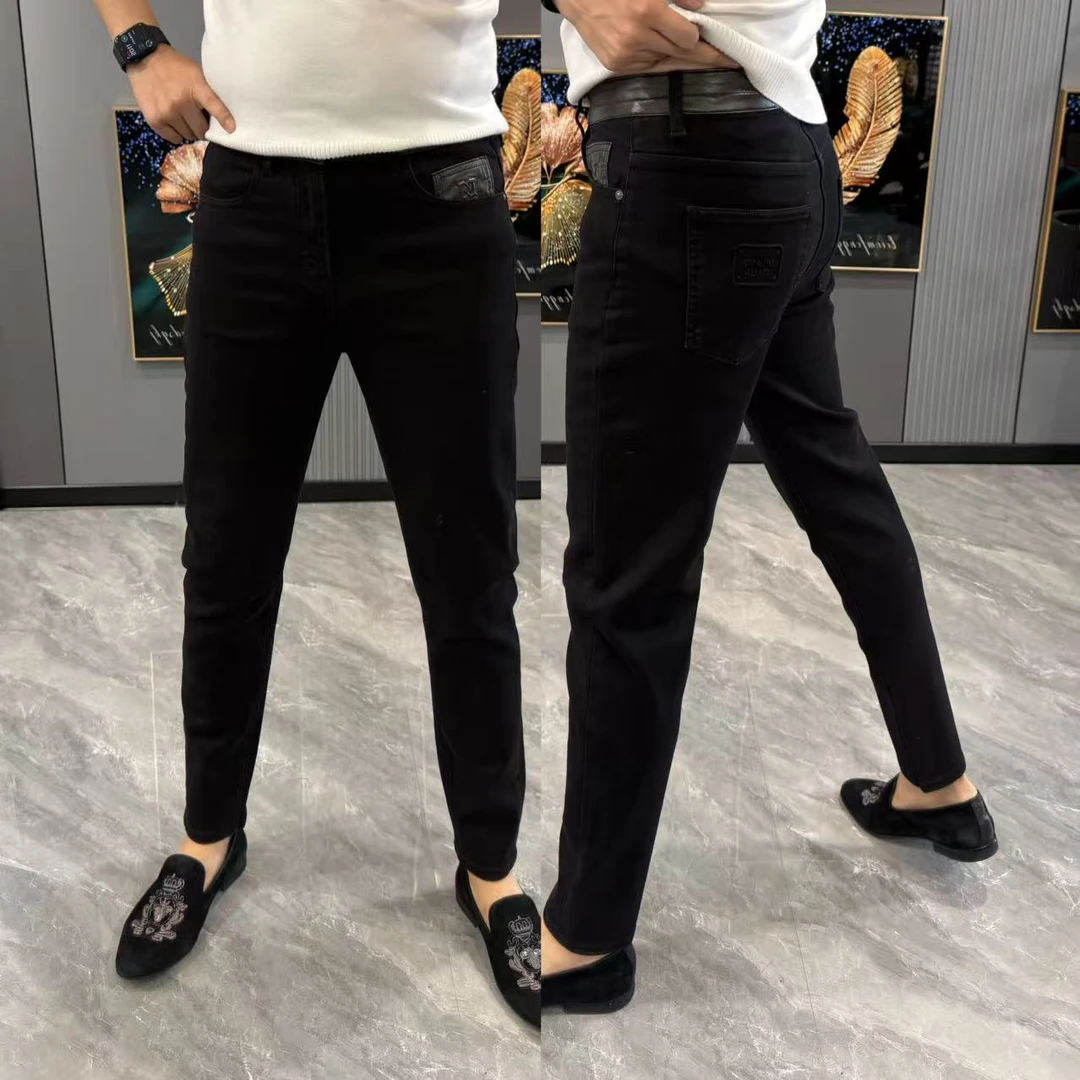 牛仔裤男款时尚腰头拼皮男裤潮流黑色修身小脚裤男士弹力裤子