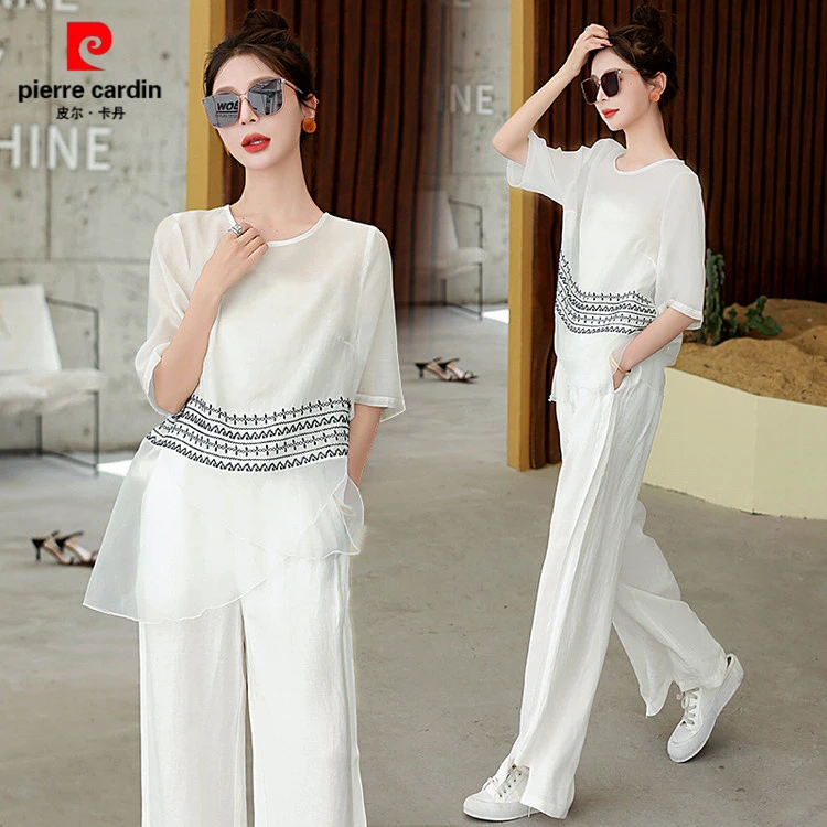 皮尔卡丹休闲冰丝套装女夏季2025搭配一整套显瘦超火时尚高级亚麻