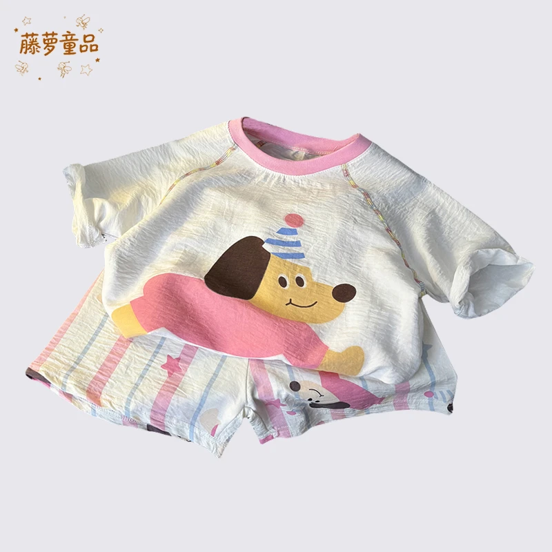 儿童夏季家居服套装男童拼色云朵棉睡衣女宝宝短袖短裤薄款空调服