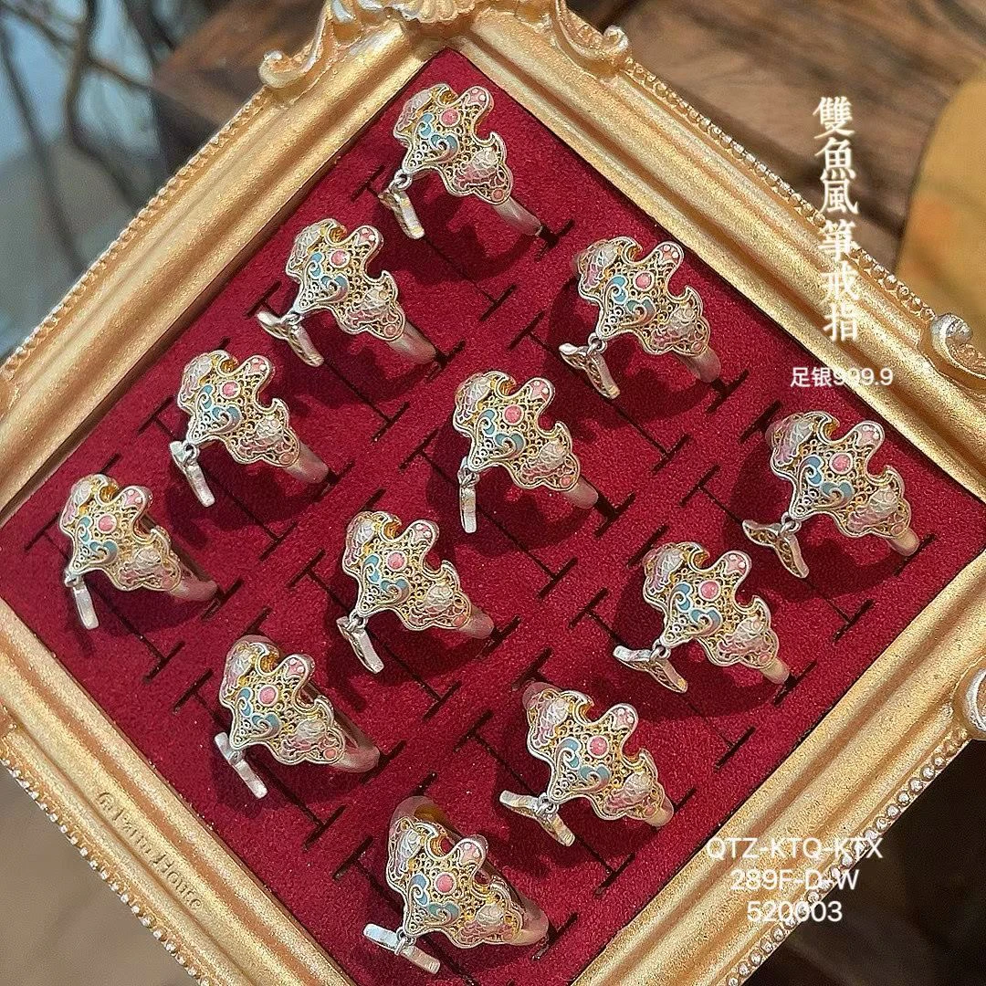 足银戒指 古风珐琅银戒指足银999.9双鱼风筝描金足银戒指国风时尚