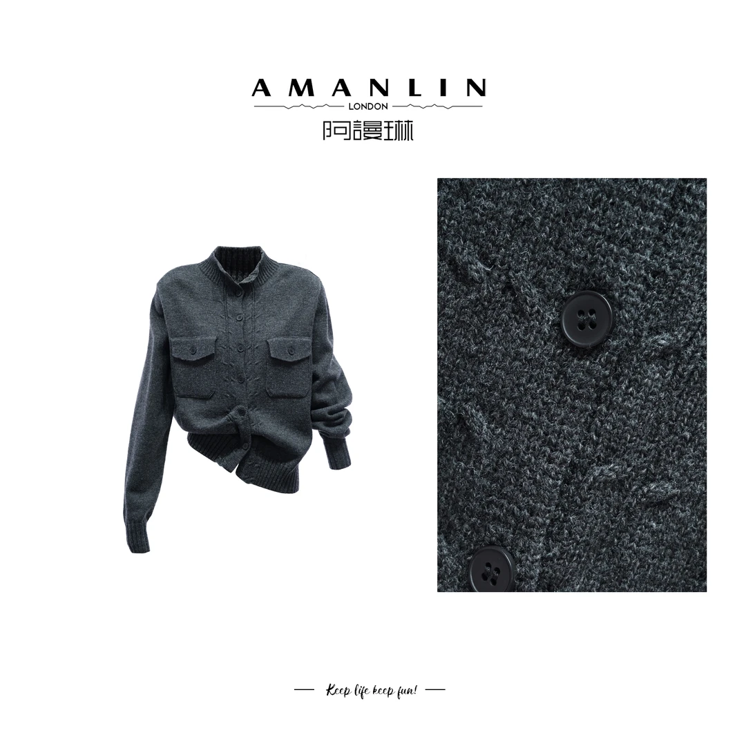 AMANLIN【油画栀子】法式开衫针织显瘦POLO领上衣百搭女F593955