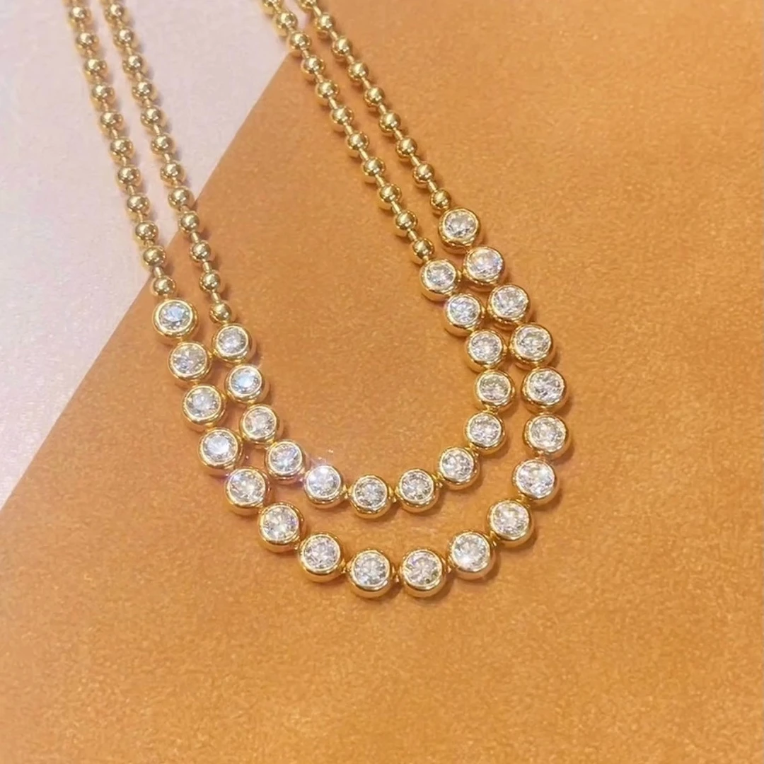 荟翠天下泡泡钻石项链18K黄K白锁骨链珠珠链包镶流苏INS风金珠