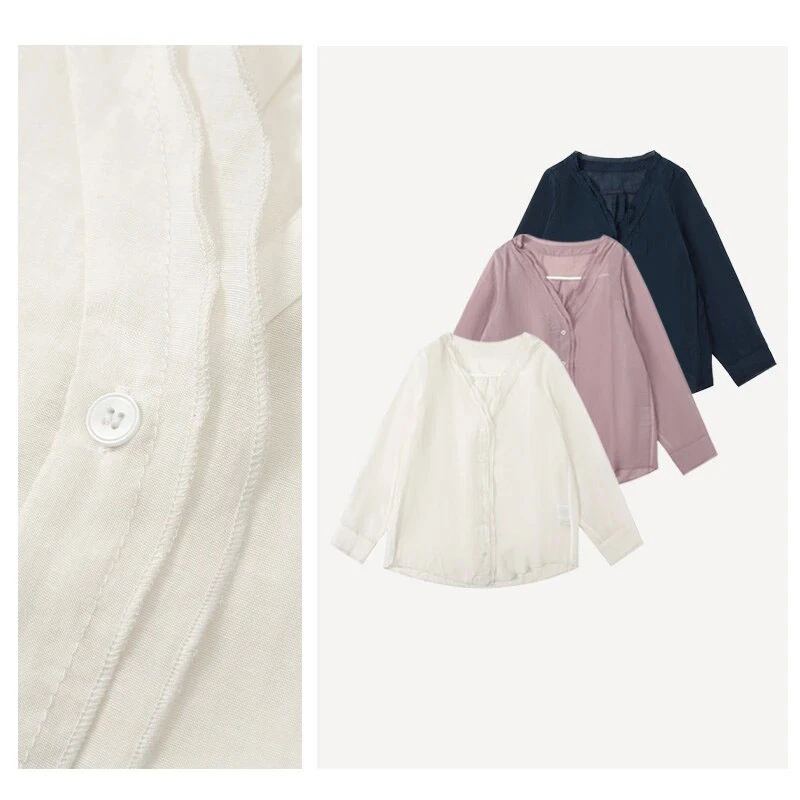 双层花边纯色v领长袖衬衫女装2025夏季新款宽松显瘦气质防晒上衣