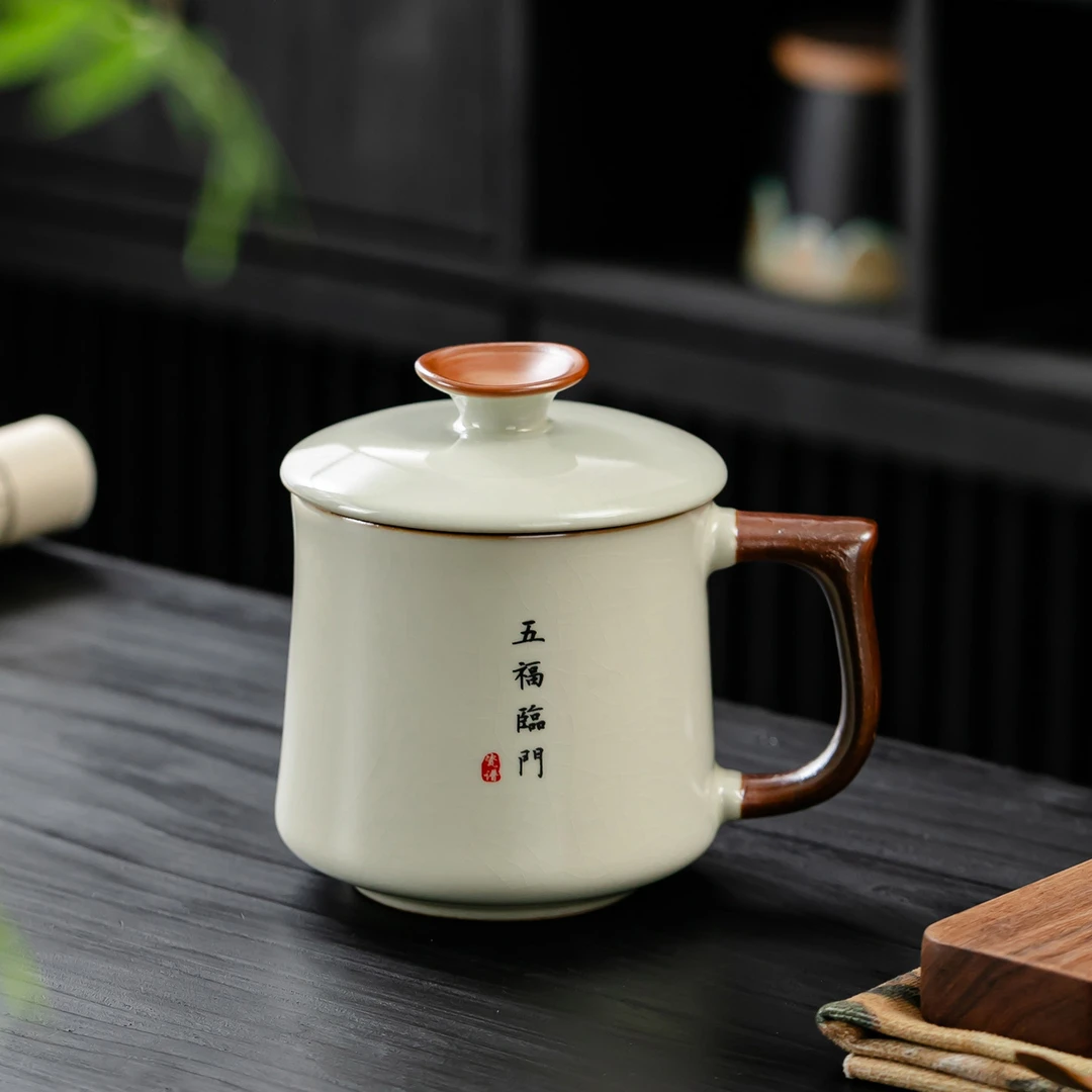 汝窑陶瓷茶杯带盖个人专用水杯大容量高端办公室泡茶杯家用喝茶杯