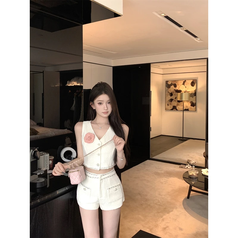 2025新款法式小香风链条拼接花朵马甲+高腰显瘦阔腿裤套装女夏季