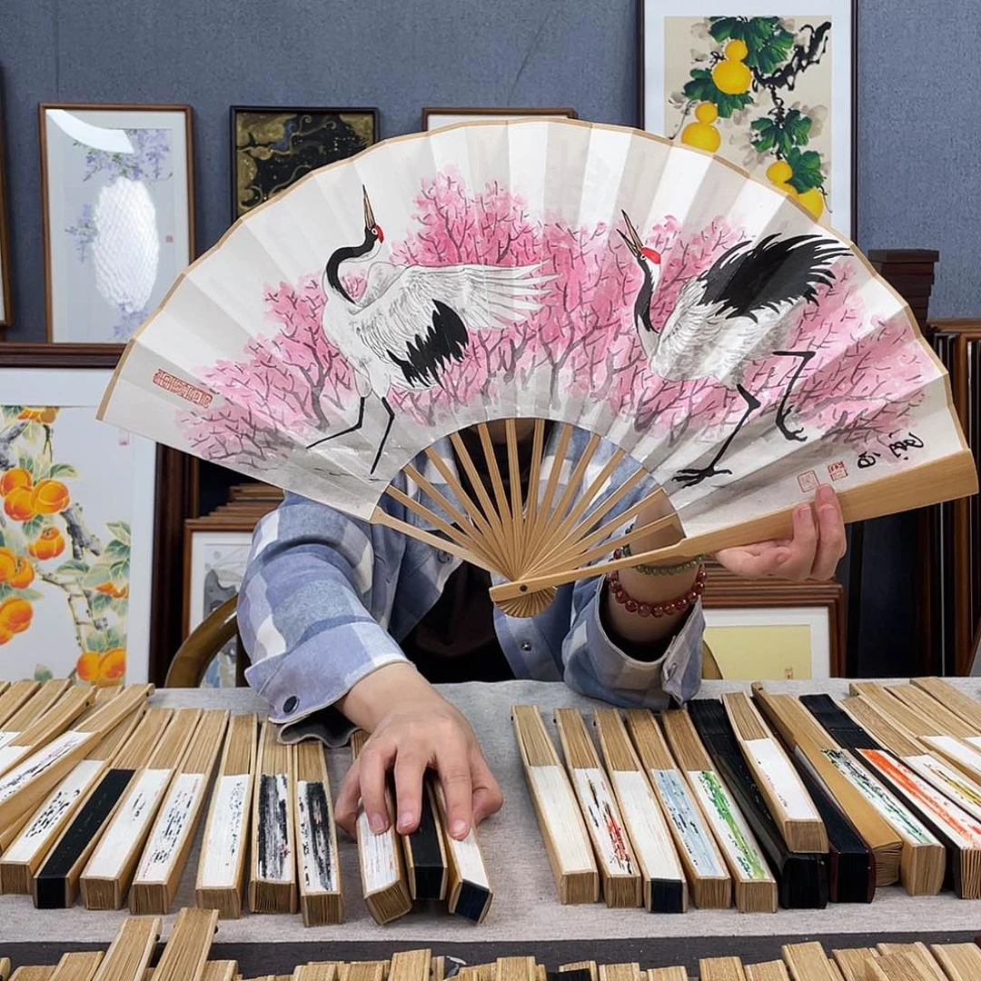 国画10寸玉竹-纯手绘-文玩扇骨（默认粘好）