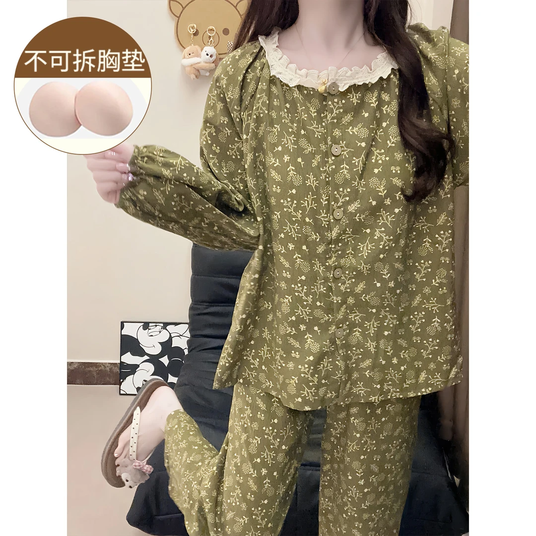 云朵棉带胸垫睡衣女春秋季甜美小碎花少女长袖套装可外穿家居服冬